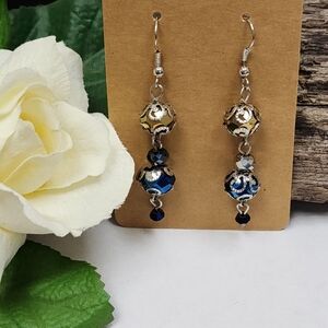 Hand Crafted Blue Crystal Dangle Earrings With Silver Toned Accents